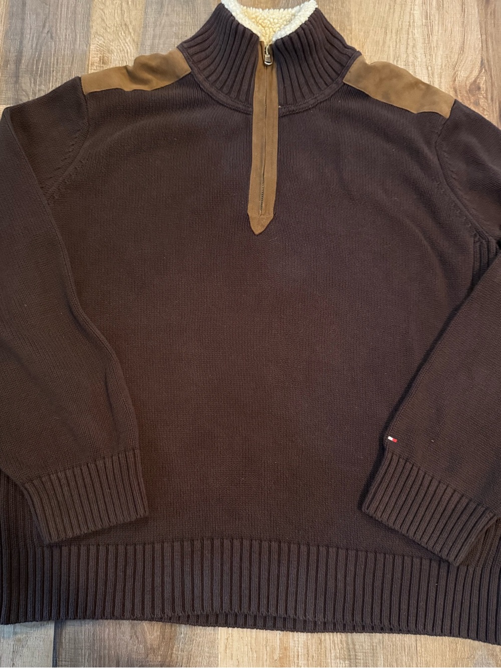 Tommy Hilfiger Sweater Mens XL 1/4 Zip Long Sleeve Pullover Sherpa Collar Brown